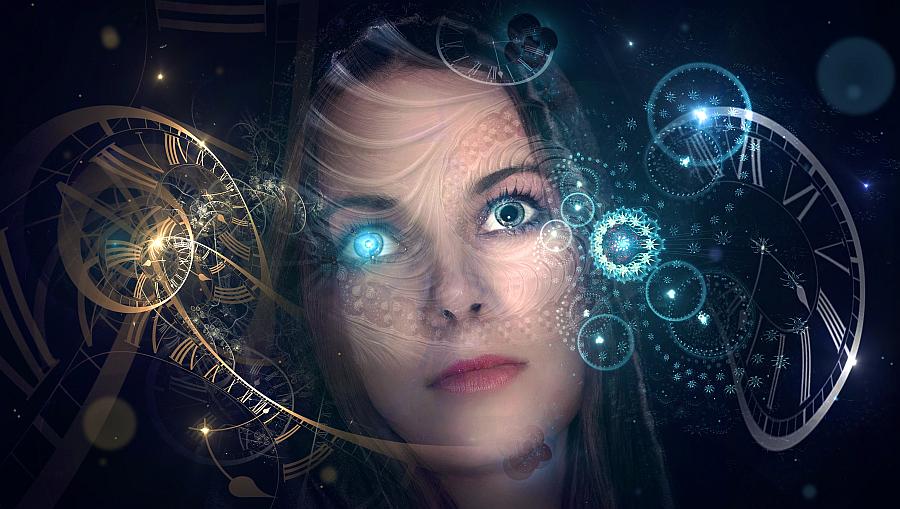 Woman hypnotized by clocks
